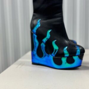 Black and Blue Flame Women's Wedge Boots